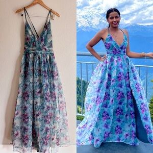NWOT Romance that Wows Dark Teal Floral Print Organza Maxi Dress